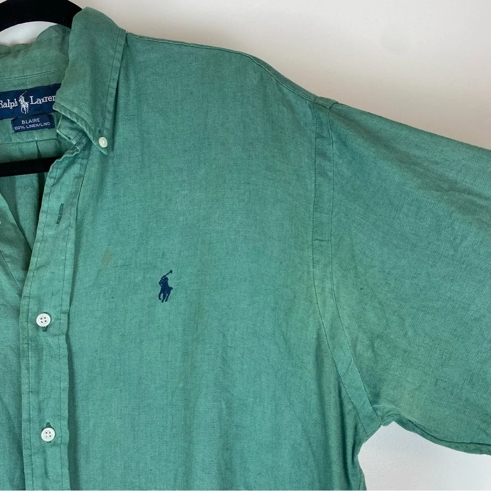 Vintage Ralph Lauren Men Blaire Linen Green Button Down Shirt size Small